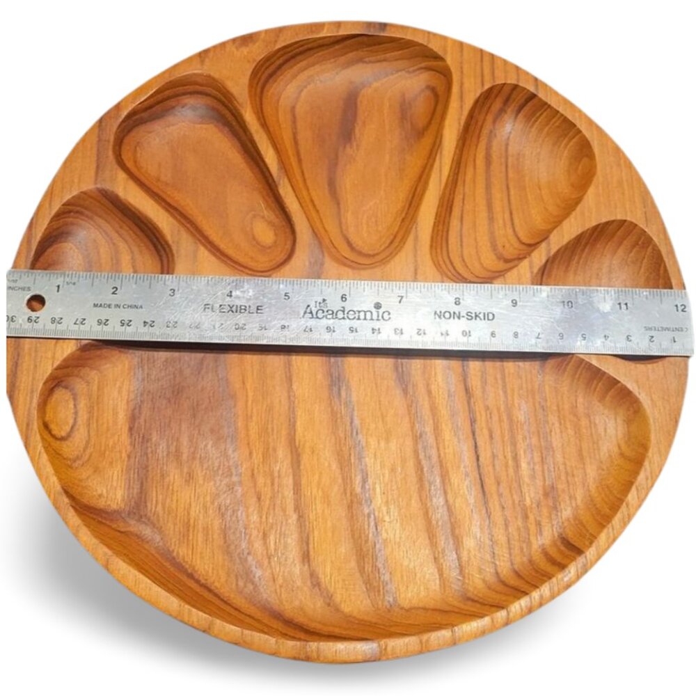 Vintage Solid Teak Serving Platter 6 Compartments 12" - Picture 4 of 4